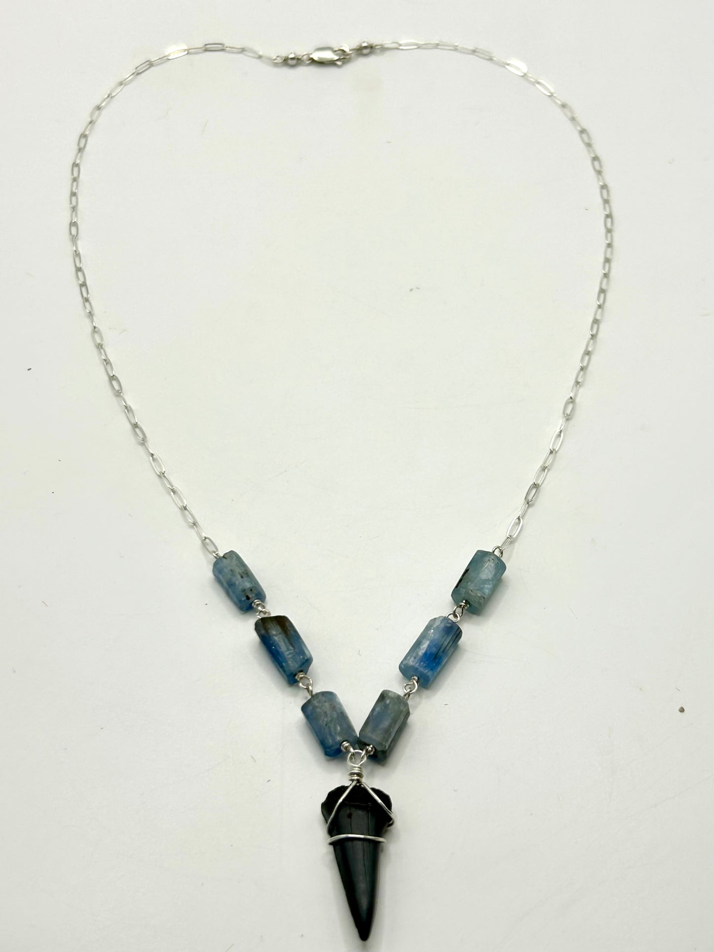 Shark Tooth Fossil with Blue Kyanite Gemstone Sterling Silver Paperclip Chain Necklace