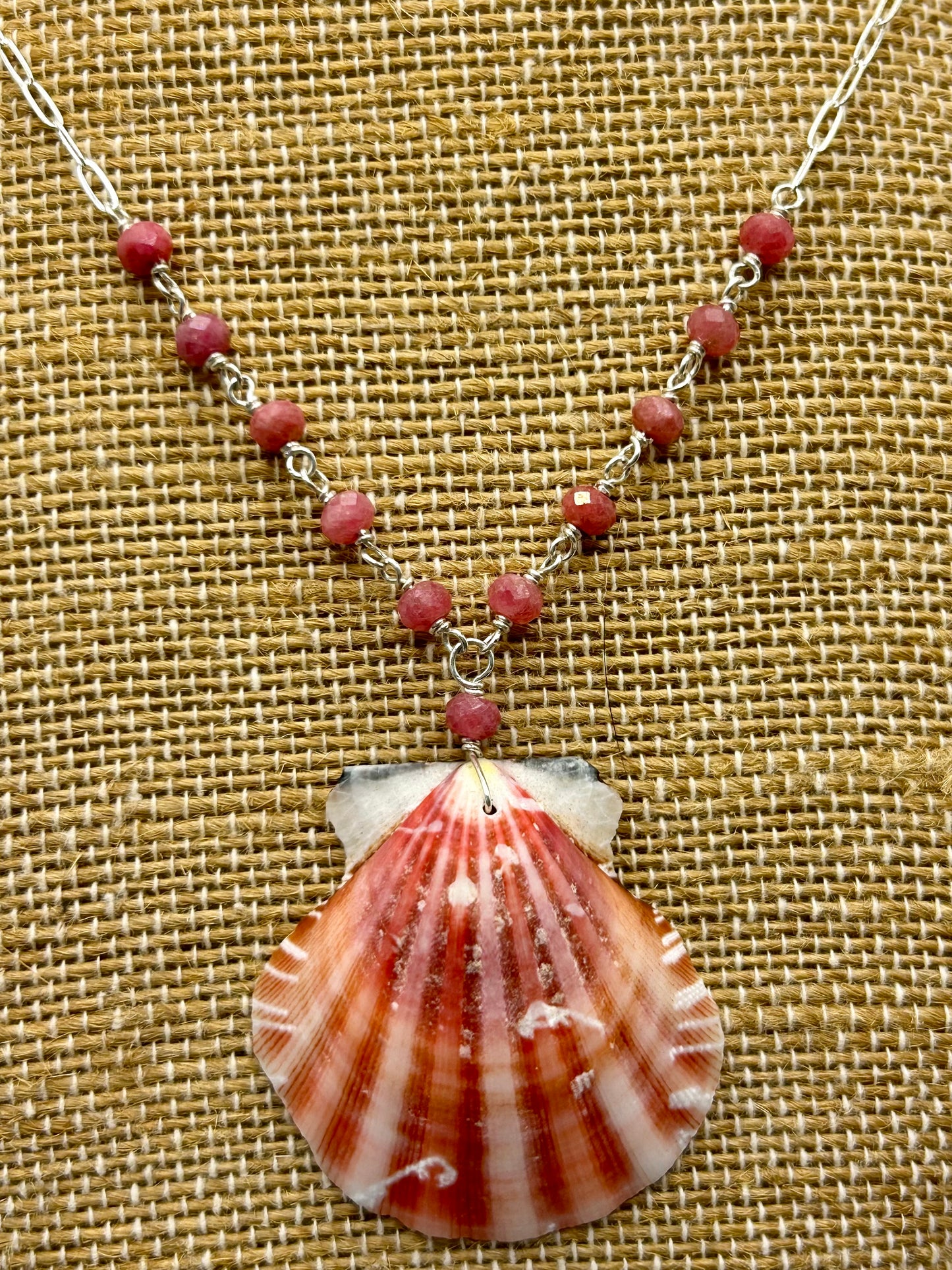 Scallop Shell with Rhodonite Gemstone Sterling Silver Paperclip Chain Necklace