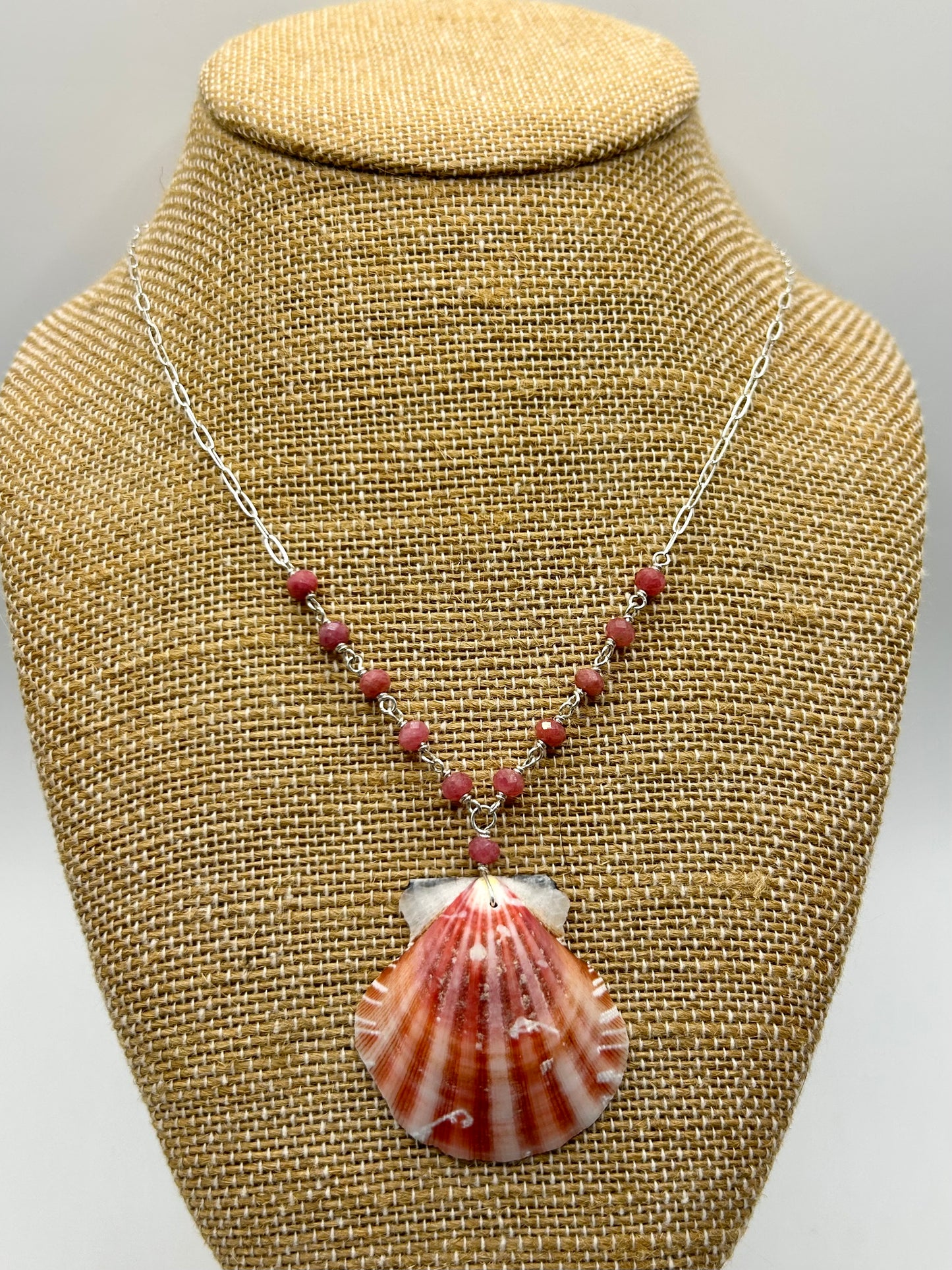 Scallop Shell with Rhodonite Gemstone Sterling Silver Paperclip Chain Necklace