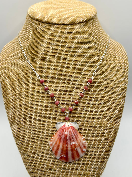 Scallop Shell with Rhodonite Gemstone Sterling Silver Paperclip Chain Necklace