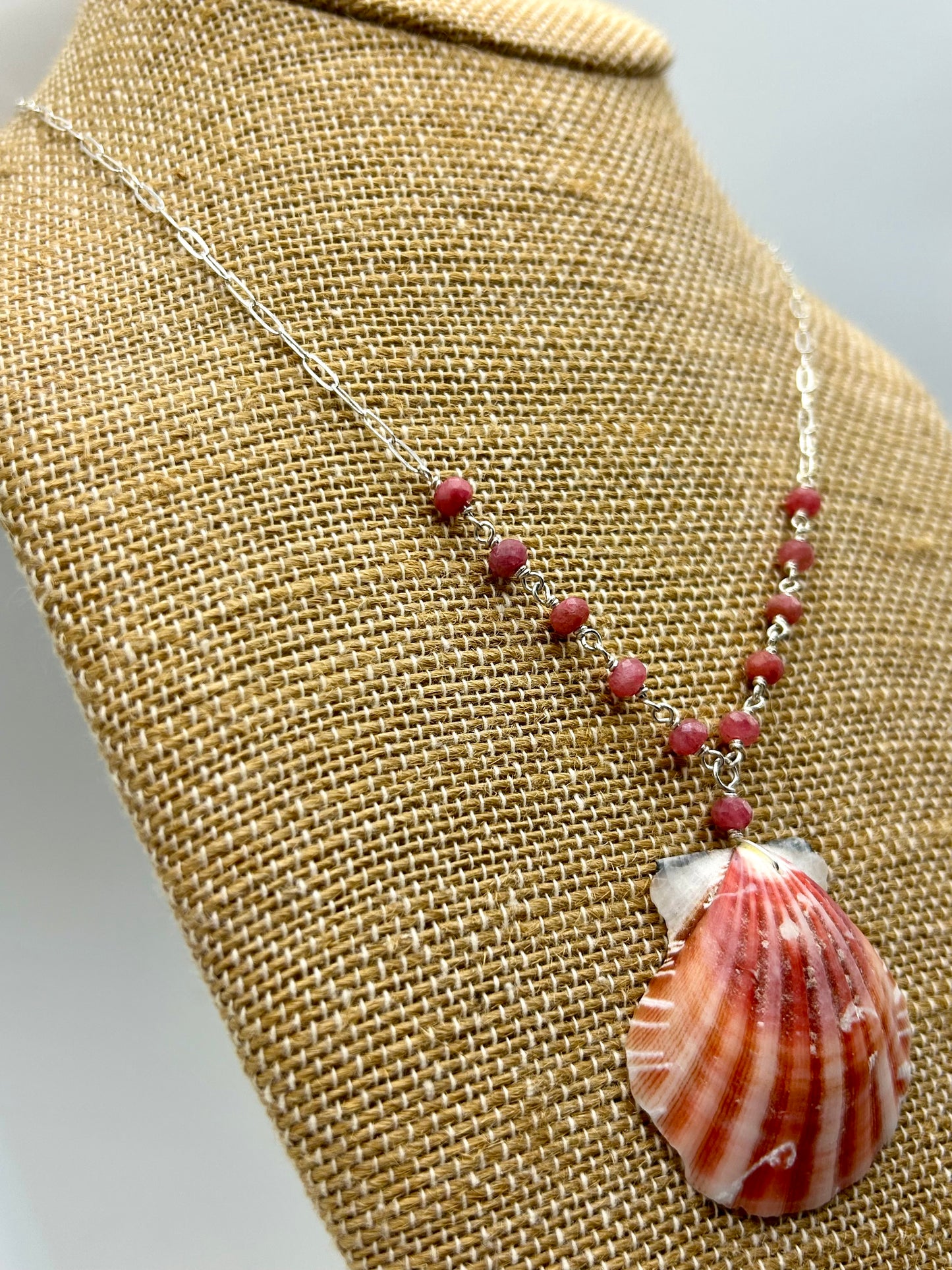 Scallop Shell with Rhodonite Gemstone Sterling Silver Paperclip Chain Necklace