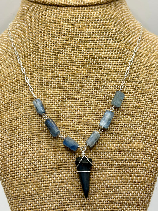 Shark Tooth Fossil with Blue Kyanite Gemstone Sterling Silver Paperclip Chain Necklace