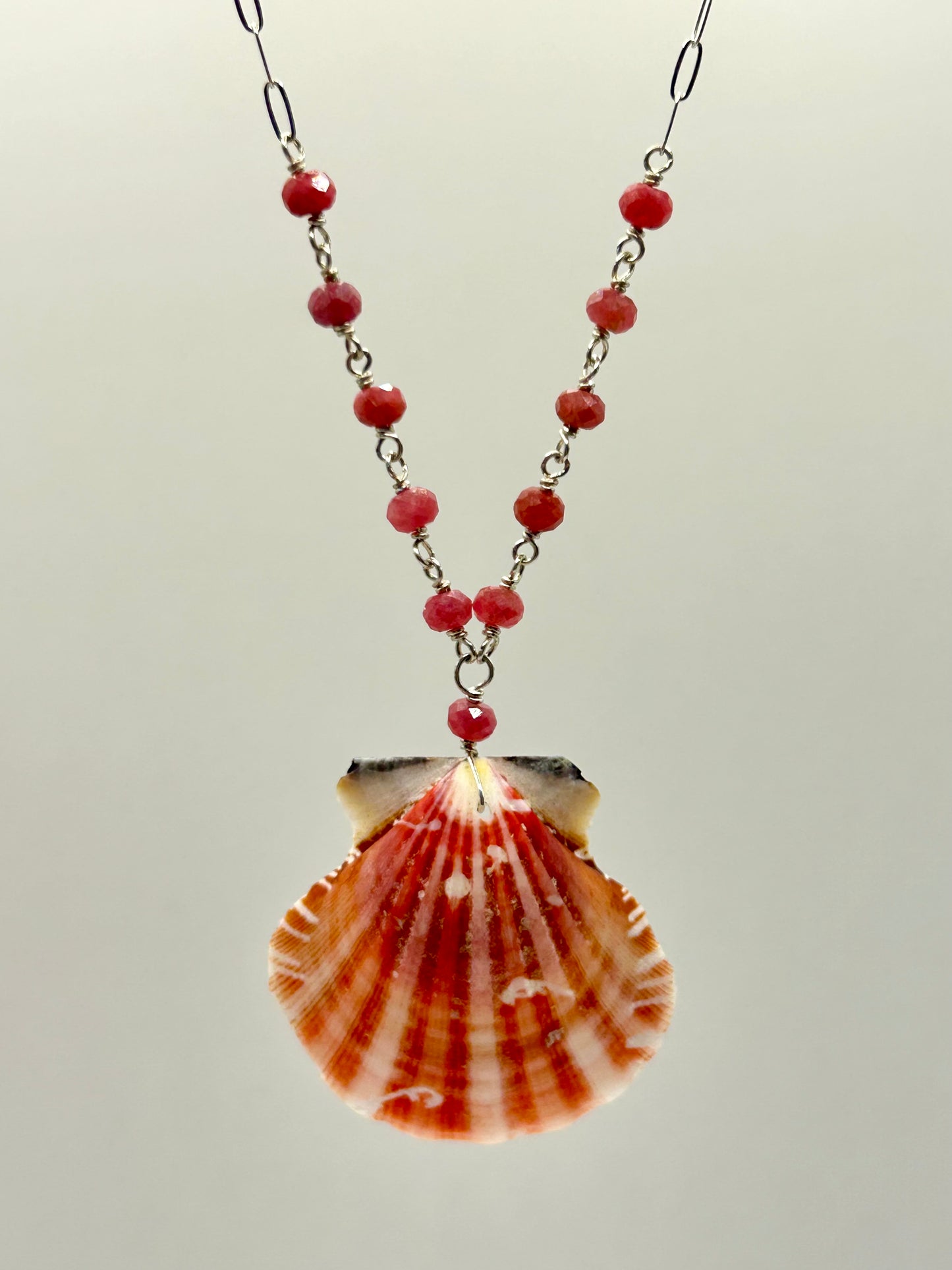 Scallop Shell with Rhodonite Gemstone Sterling Silver Paperclip Chain Necklace