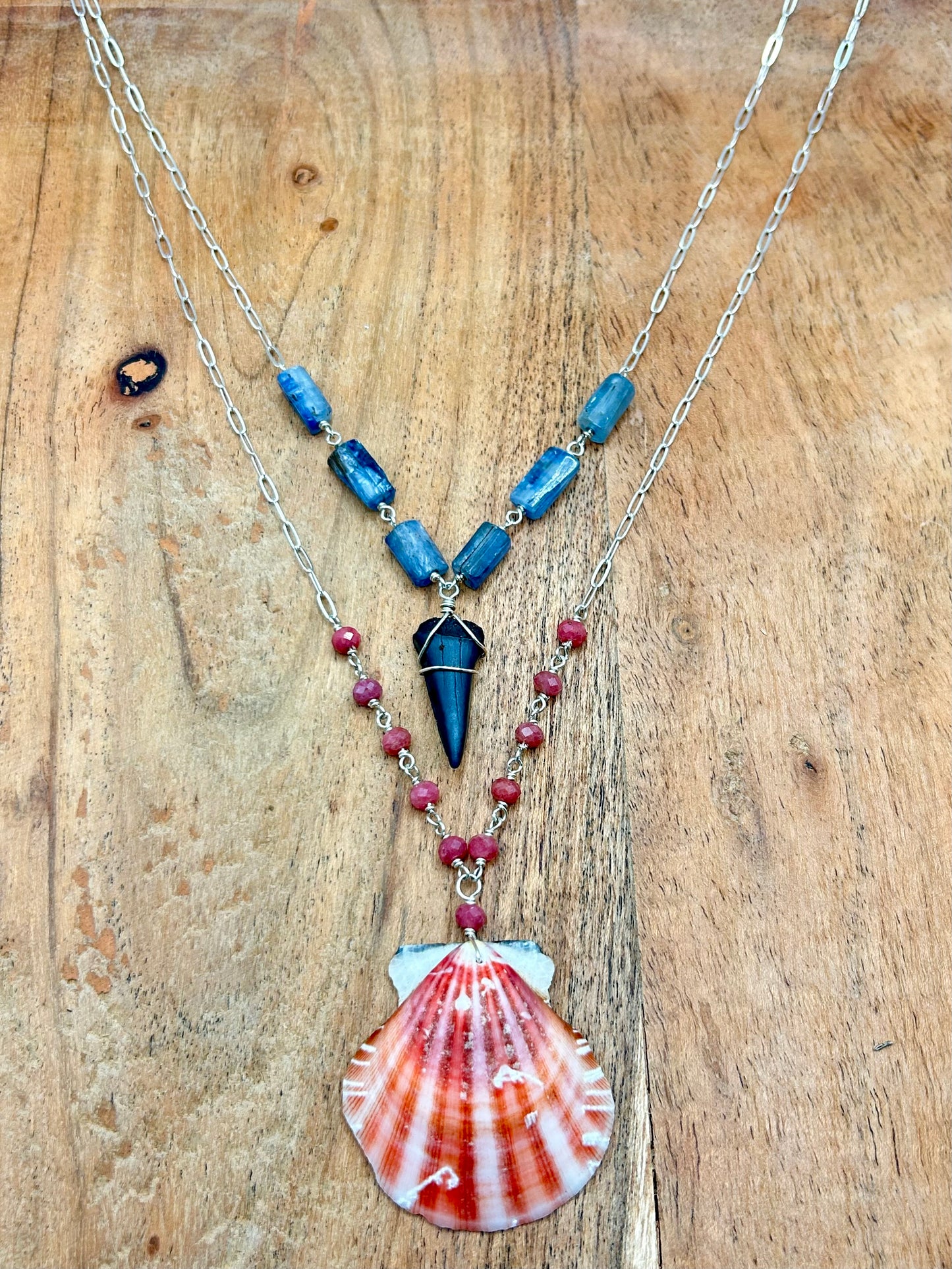 Scallop Shell with Rhodonite Gemstone Sterling Silver Paperclip Chain Necklace