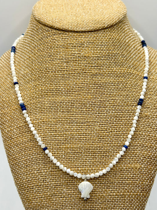 Mother-of-Pearl & Kyanite Gemstone Beaded Necklace Sterling Silver
