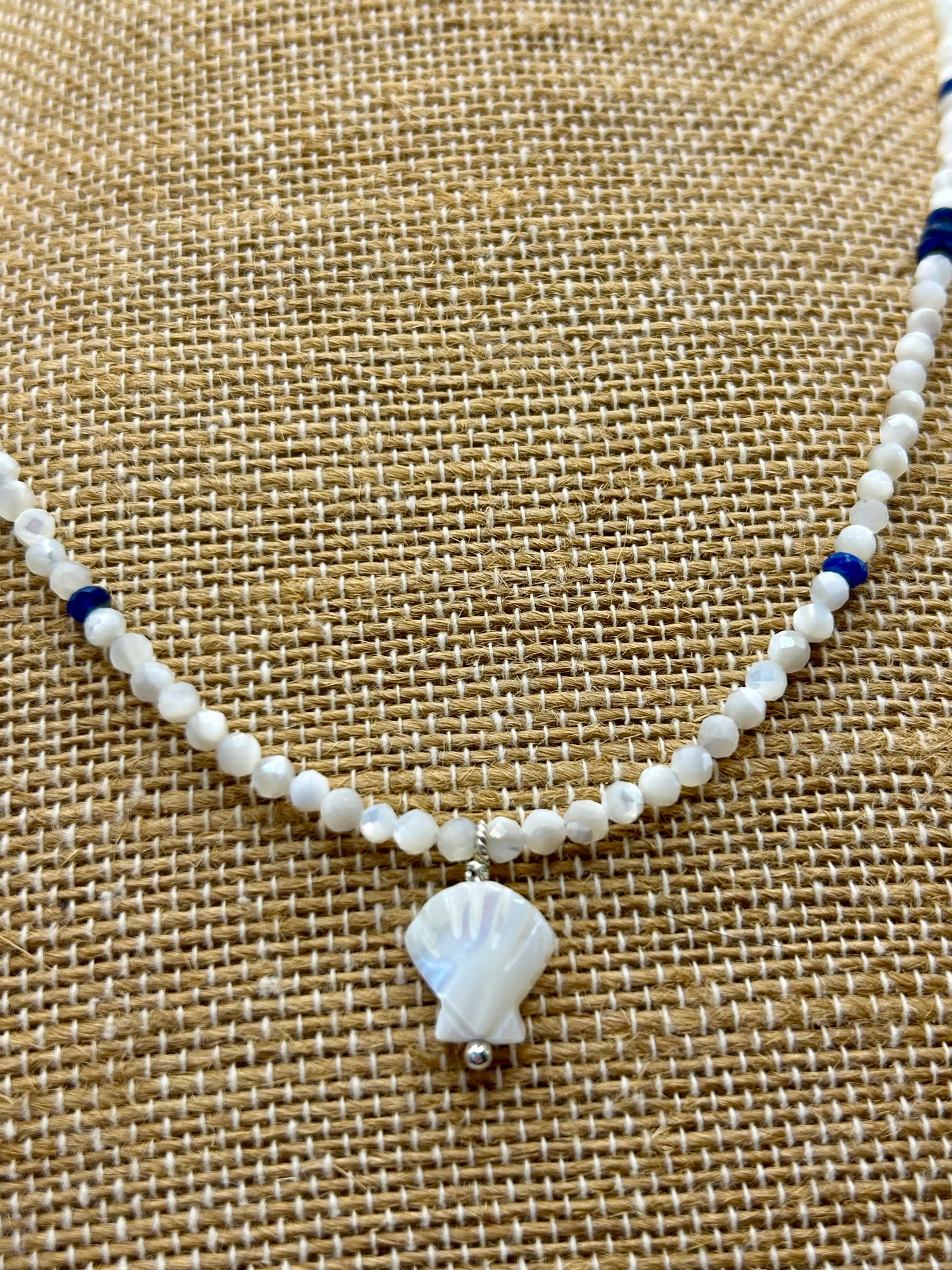 Mother-of-Pearl & Kyanite Gemstone Beaded Necklace Sterling Silver