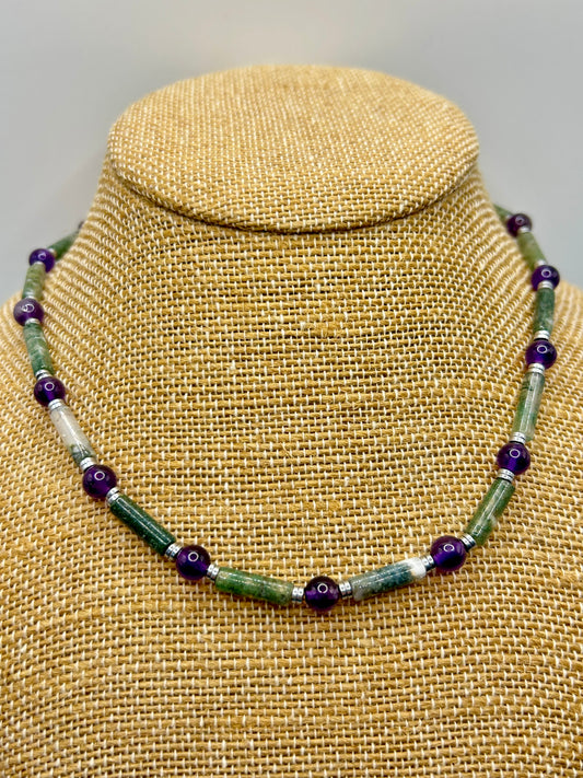 Moss Agate & Amethyst Gemstone Beaded Necklace Sterling Silver