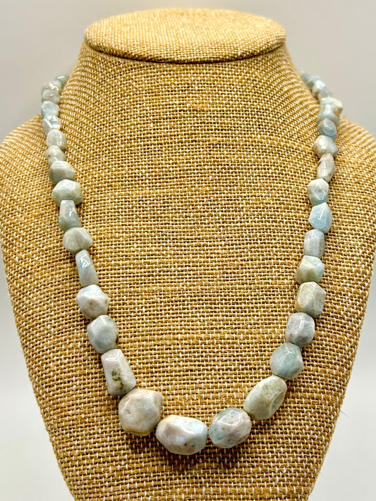 Aquamarine Gemstone Beaded Necklace Sterling Silver