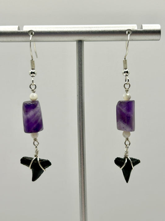Shark Tooth Fossil with Amethyst & Mother-of-Pearl Gemstone Sterling Silver Dangly Earrings
