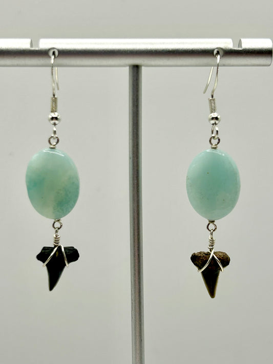Shark Tooth Fossil with Amazonite Gemstone Sterling Silver Dangly Earrings