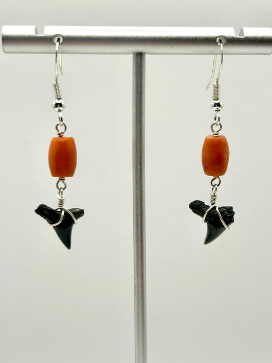 Shark Tooth Fossil with Coral Gemstone Sterling Silver Dangly Earrings