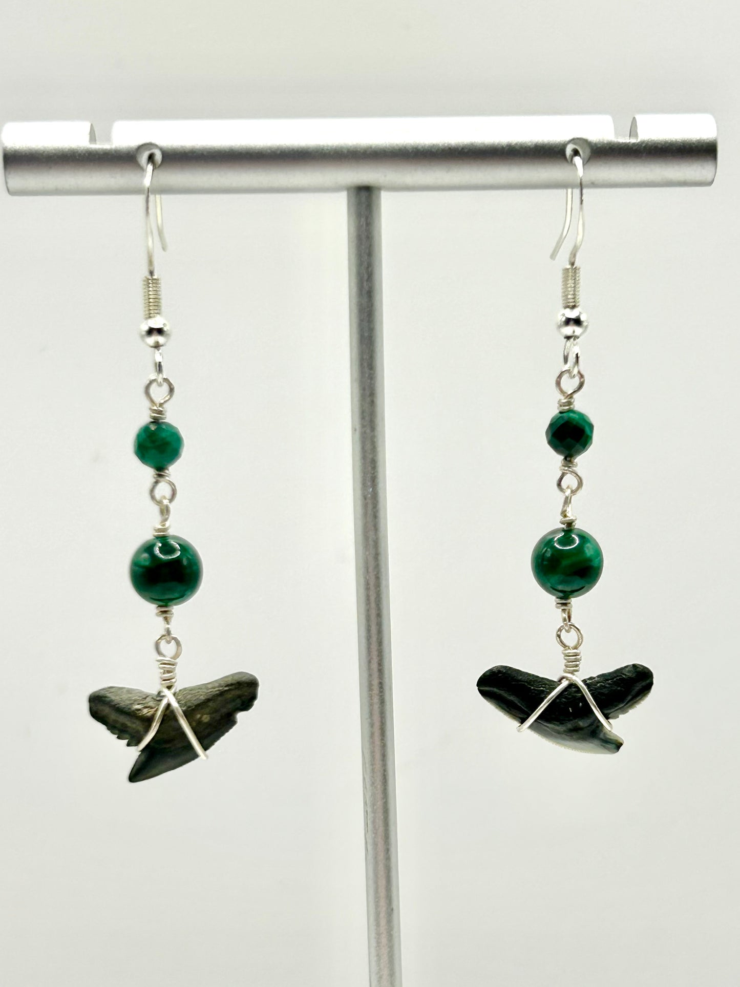 Shark Tooth Fossil with Malachite Gemstone Sterling Silver Dangly Earrings