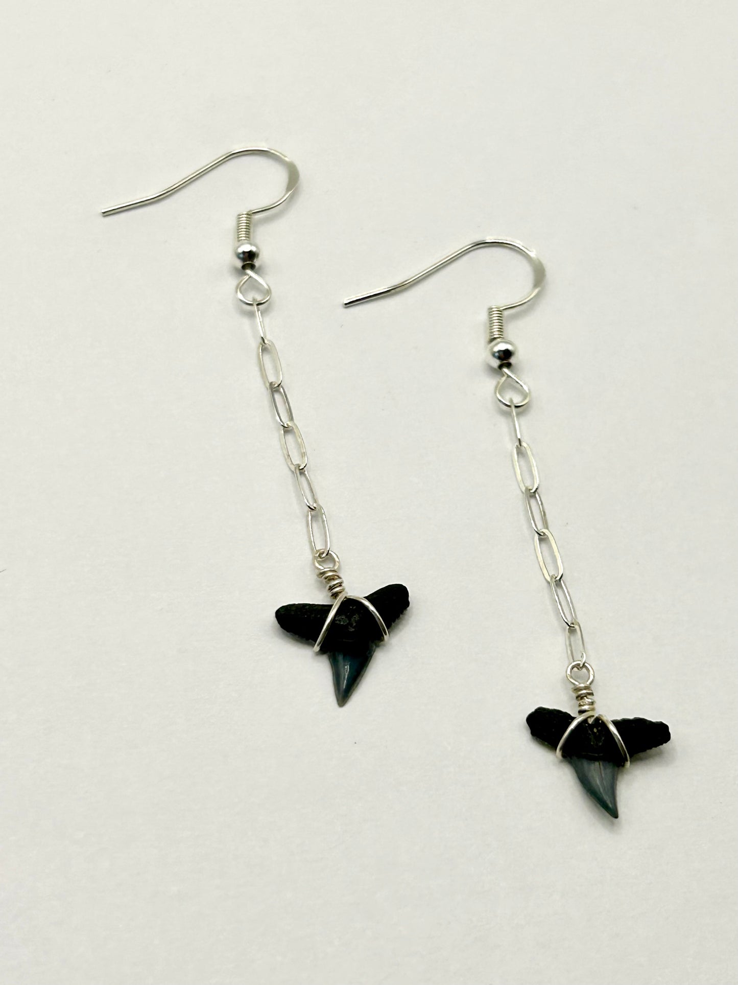 Shark Tooth Fossil with Paperclip Chain Sterling Silver Dangly Earrings