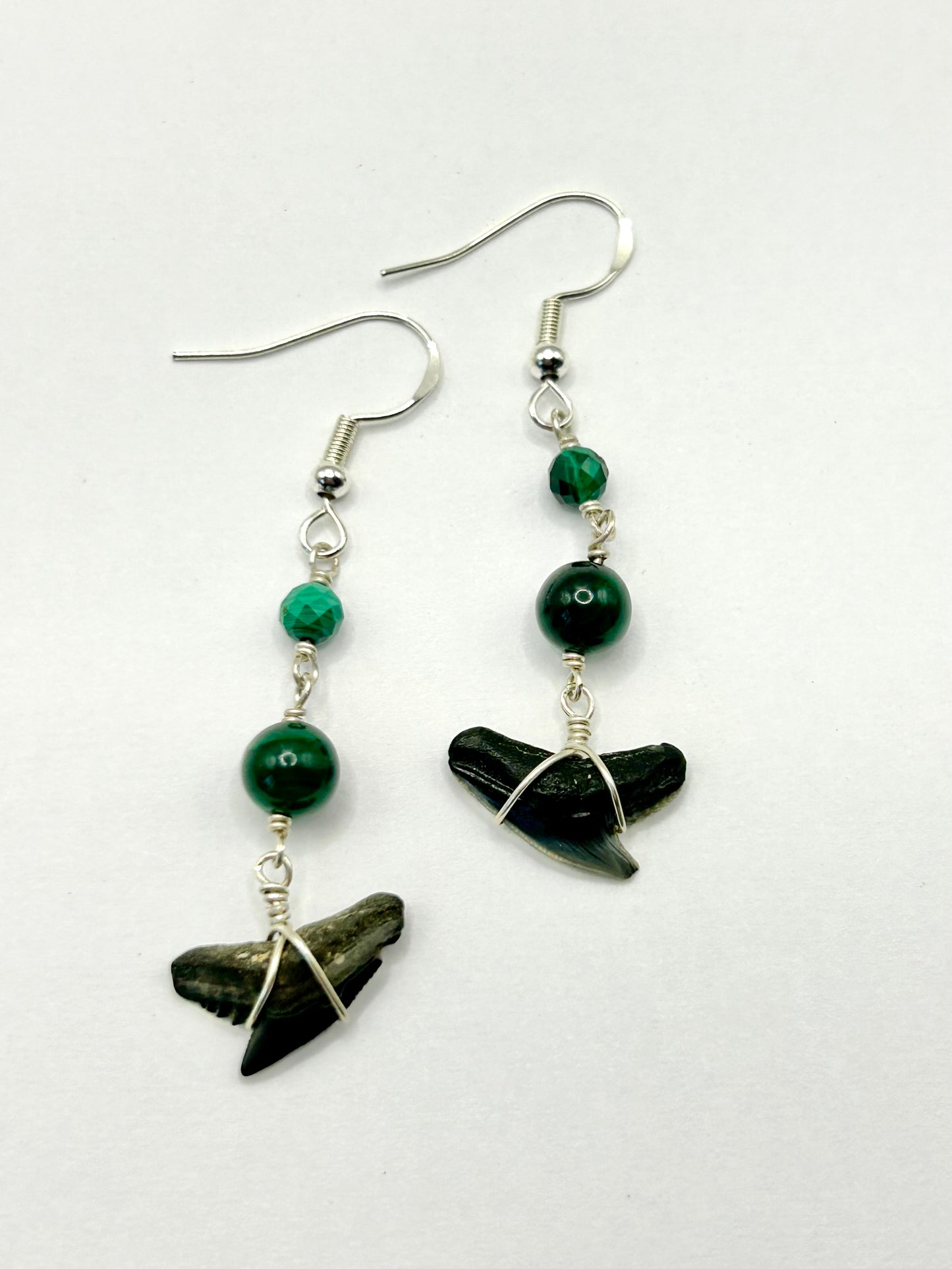 Shark Tooth Fossil with Malachite Gemstone Sterling Silver Dangly Earrings