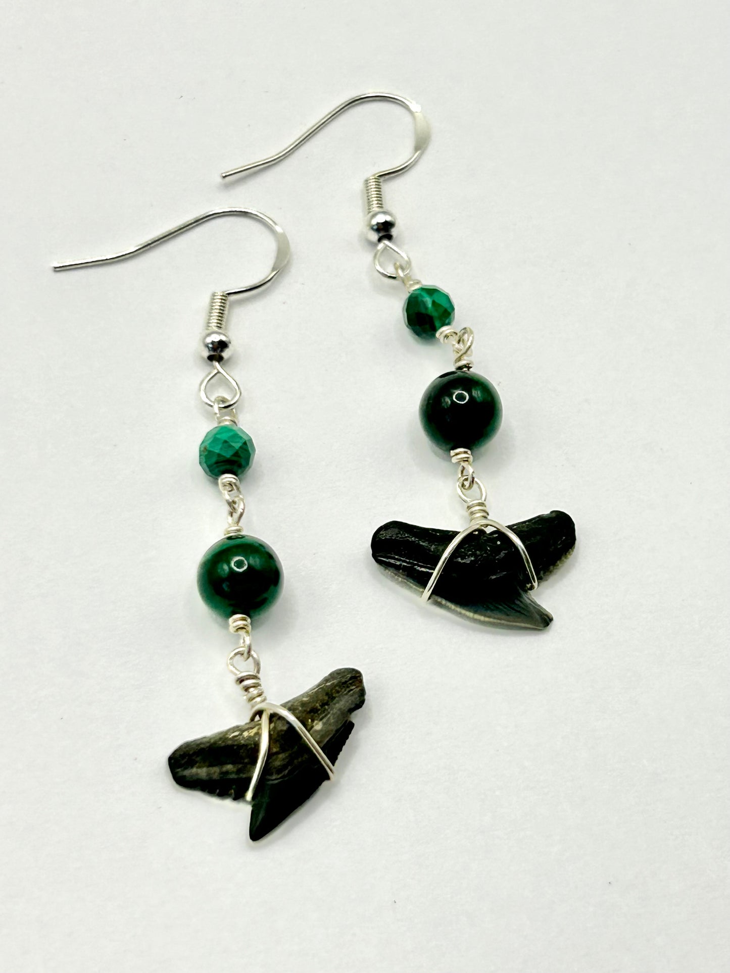 Shark Tooth Fossil with Malachite Gemstone Sterling Silver Dangly Earrings