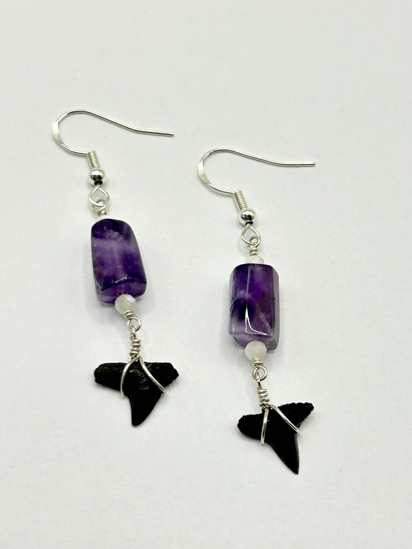 Shark Tooth Fossil with Amethyst & Mother-of-Pearl Gemstone Sterling Silver Dangly Earrings