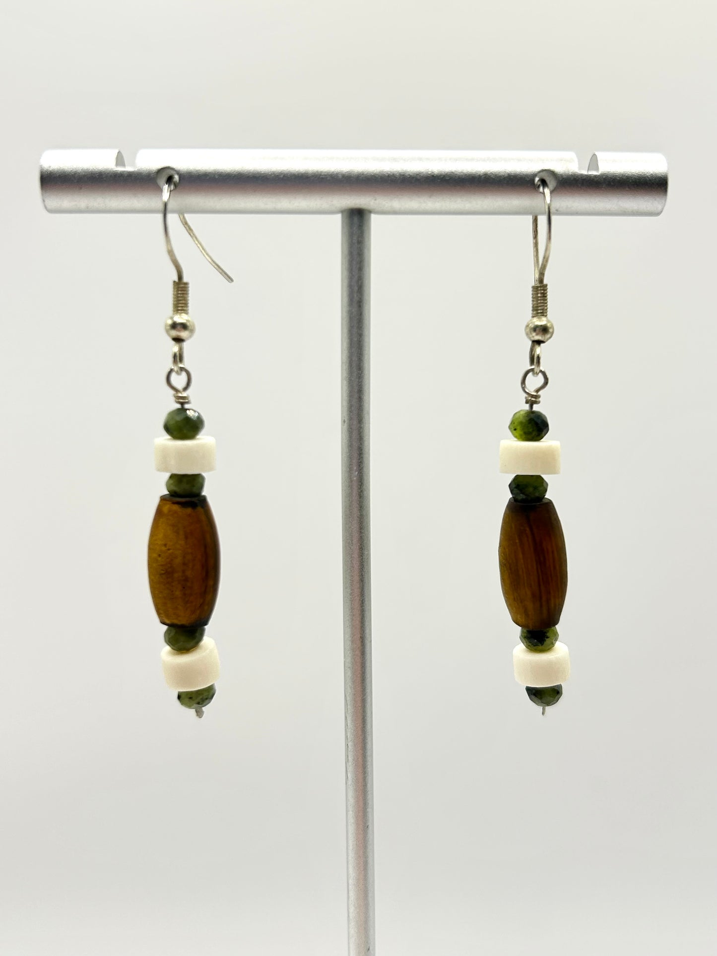 Wood, Bone & Nephrite Jade Gemstone Sterling Silver Dangly Earrings