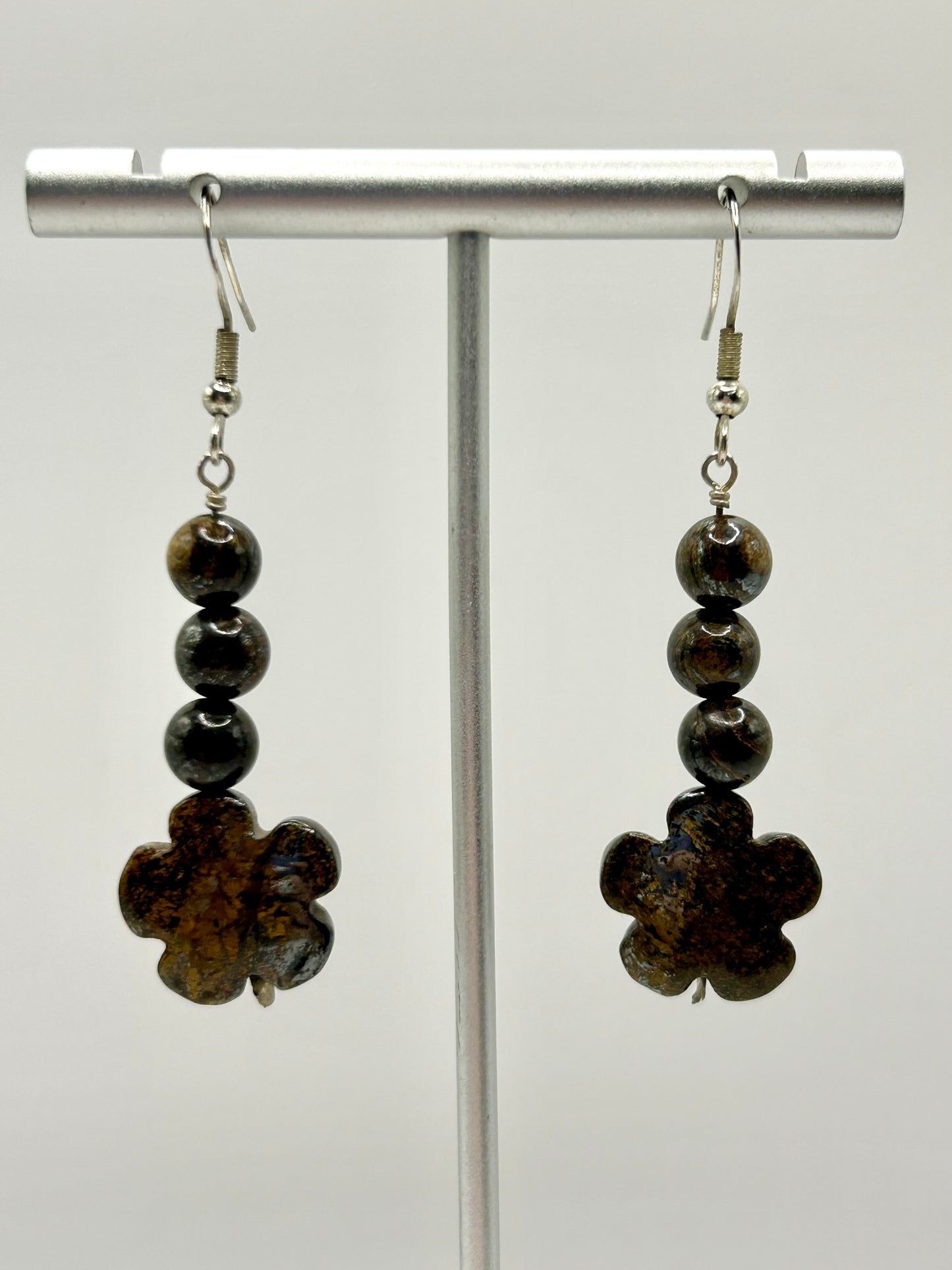 Bronzite Flower Gemstone Sterling Silver Dangly Earrings