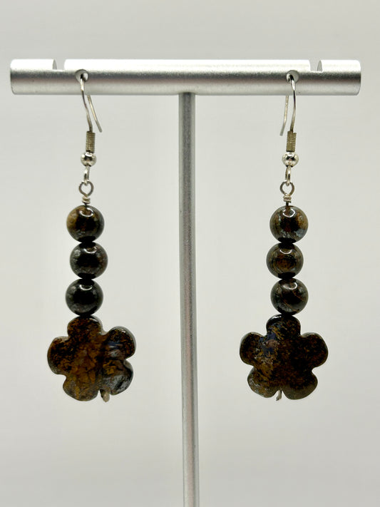 Bronzite Flower Gemstone Sterling Silver Dangly Earrings