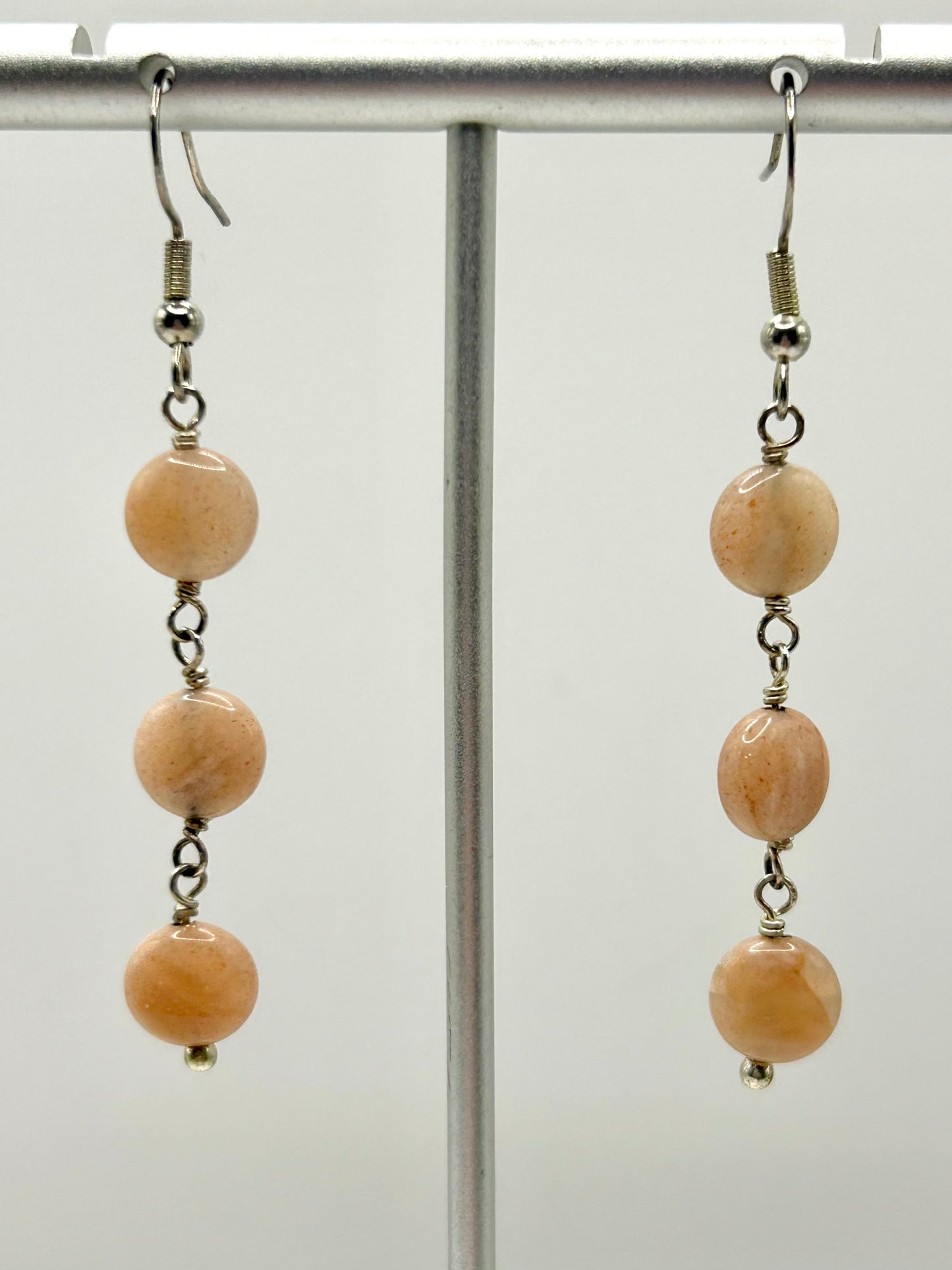 Triple Coins Peach Moonstone Gemstone Sterling Silver Dangly Earrings