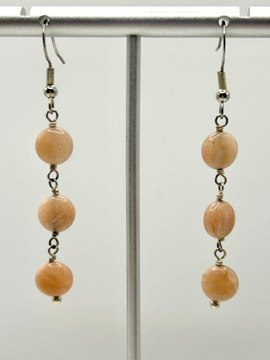 Triple Coins Peach Moonstone Gemstone Sterling Silver Dangly Earrings