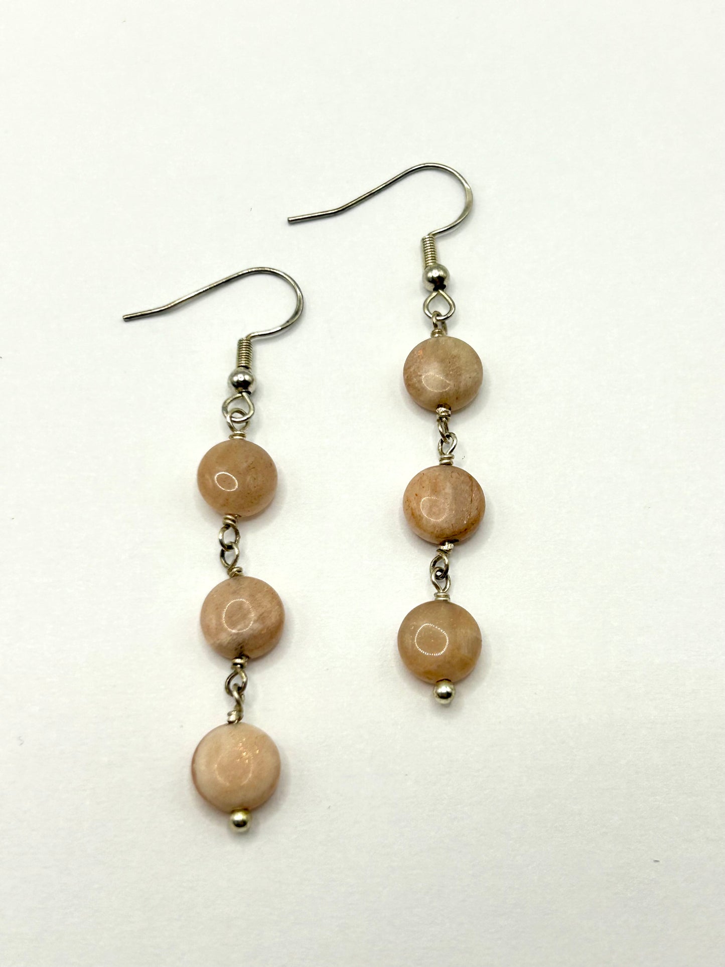 Triple Coins Peach Moonstone Gemstone Sterling Silver Dangly Earrings