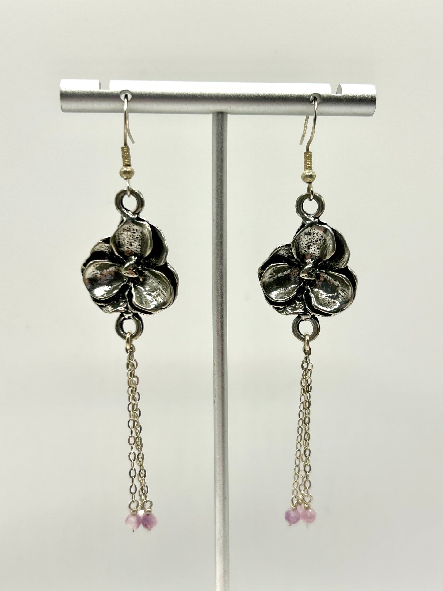 Flower Chain Lepidolite Gemstone Sterling Silver Dangly Earrings