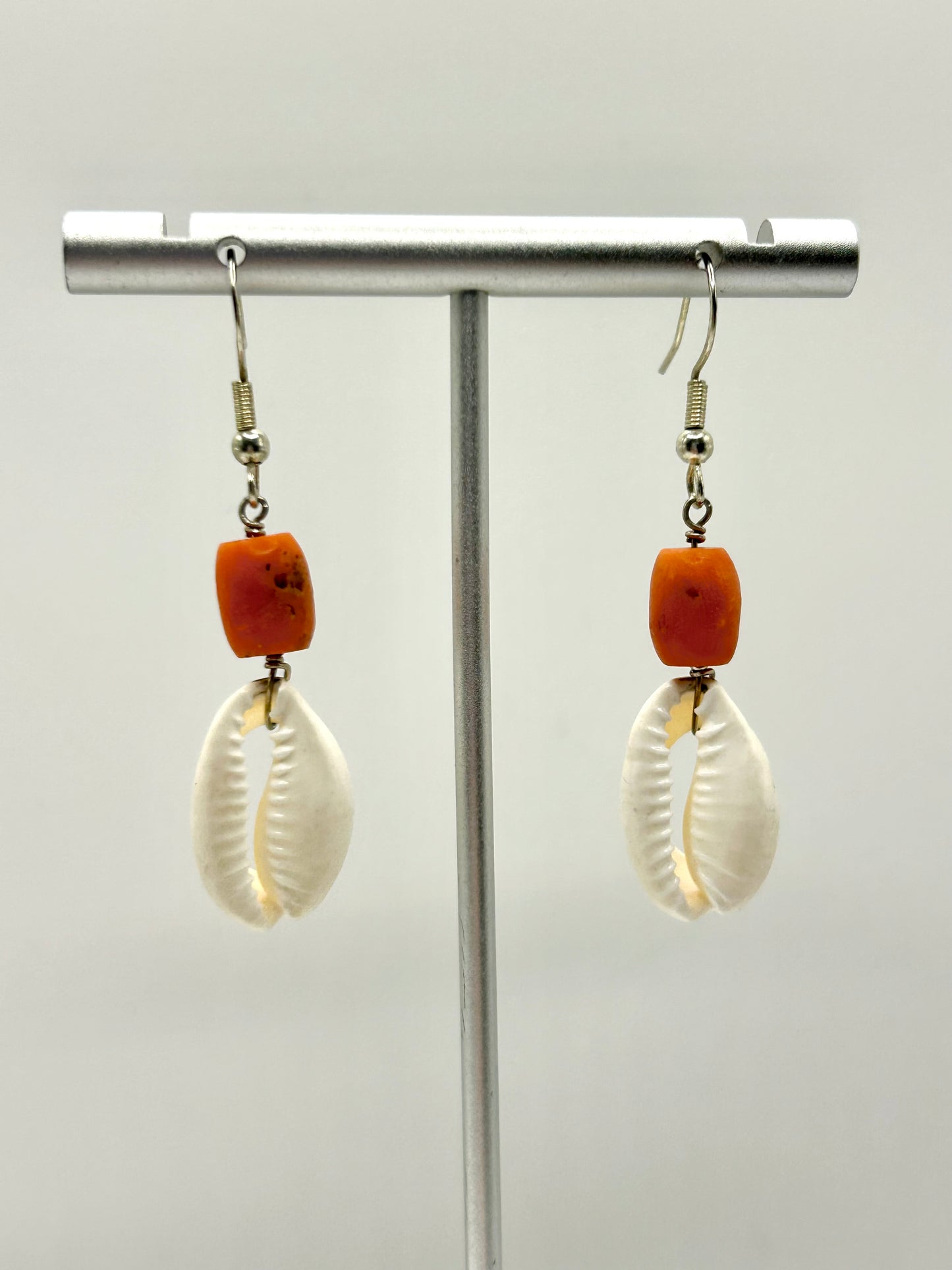 Cowrie Shell & Coral Gemstone Sterling Silver Dangly Earrings