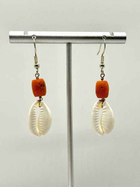 Cowrie Shell & Coral Gemstone Sterling Silver Dangly Earrings