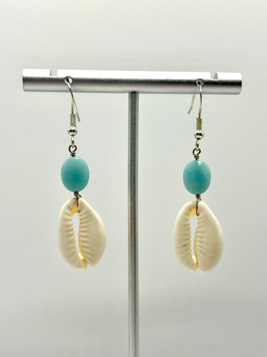 Cowrie Shell & Amazonite Gemstone Sterling Silver Dangly Earrings