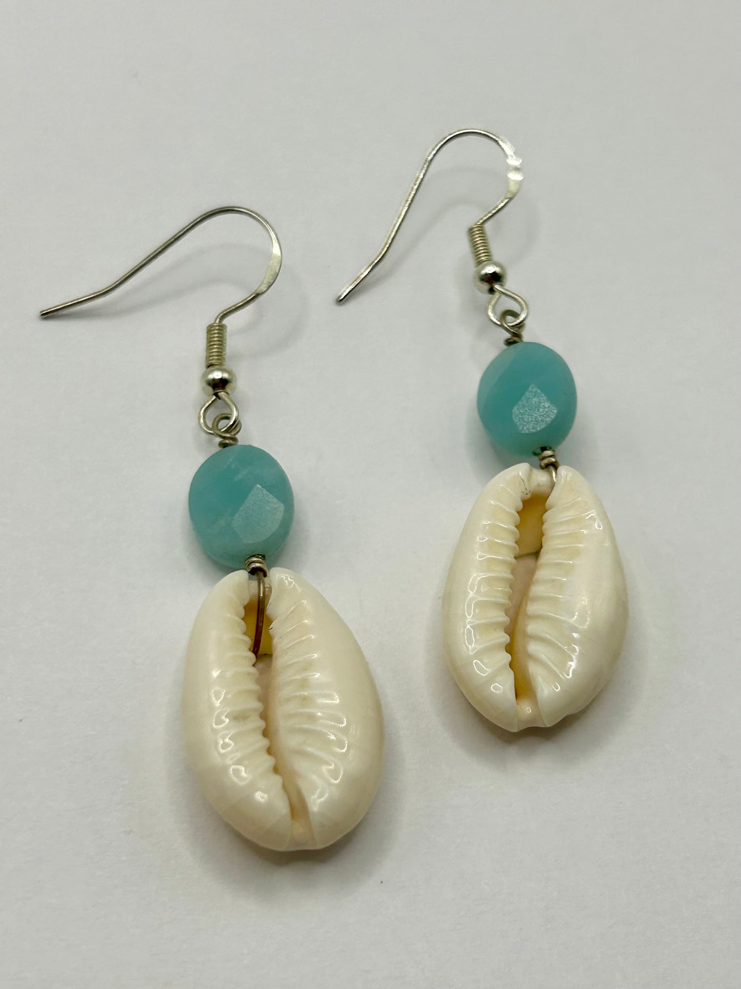 Cowrie Shell & Amazonite Gemstone Sterling Silver Dangly Earrings