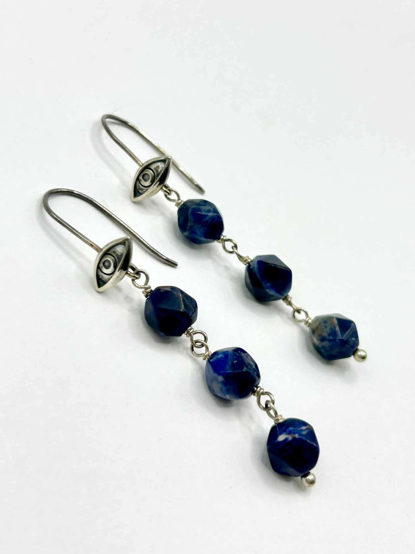 Sodalite Gemstones on Eye Hooks Sterling Silver Dangly Earrings