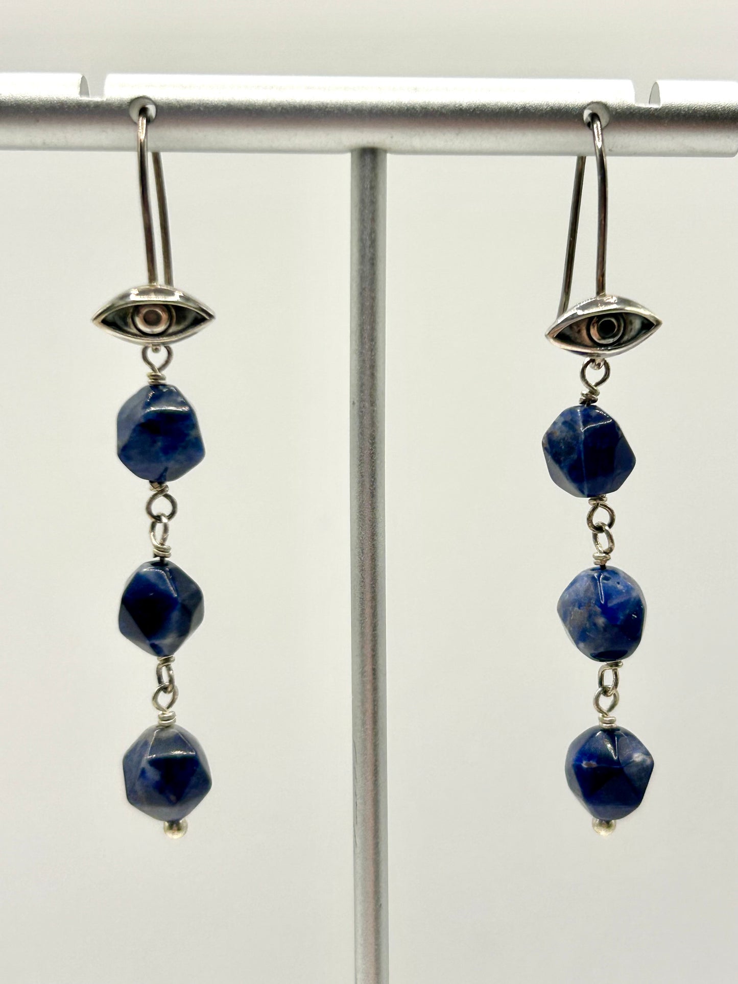 Sodalite Gemstones on Eye Hooks Sterling Silver Dangly Earrings