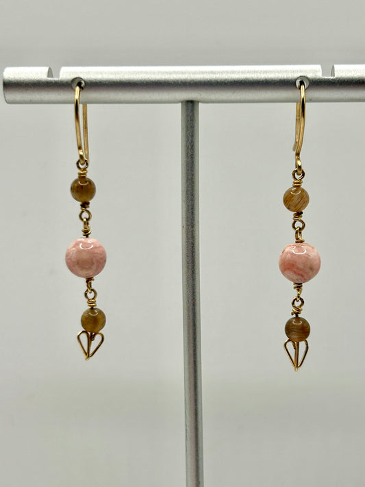 Rhodochrosite & Moonstone Gemstone 14k Gold Filled Dangly Earrings