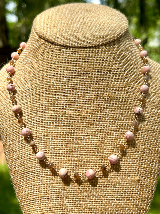 Rhodochrosite & Moonstone 14k Gold Fill Chain Link Gemstone Wire Wrapped Necklace