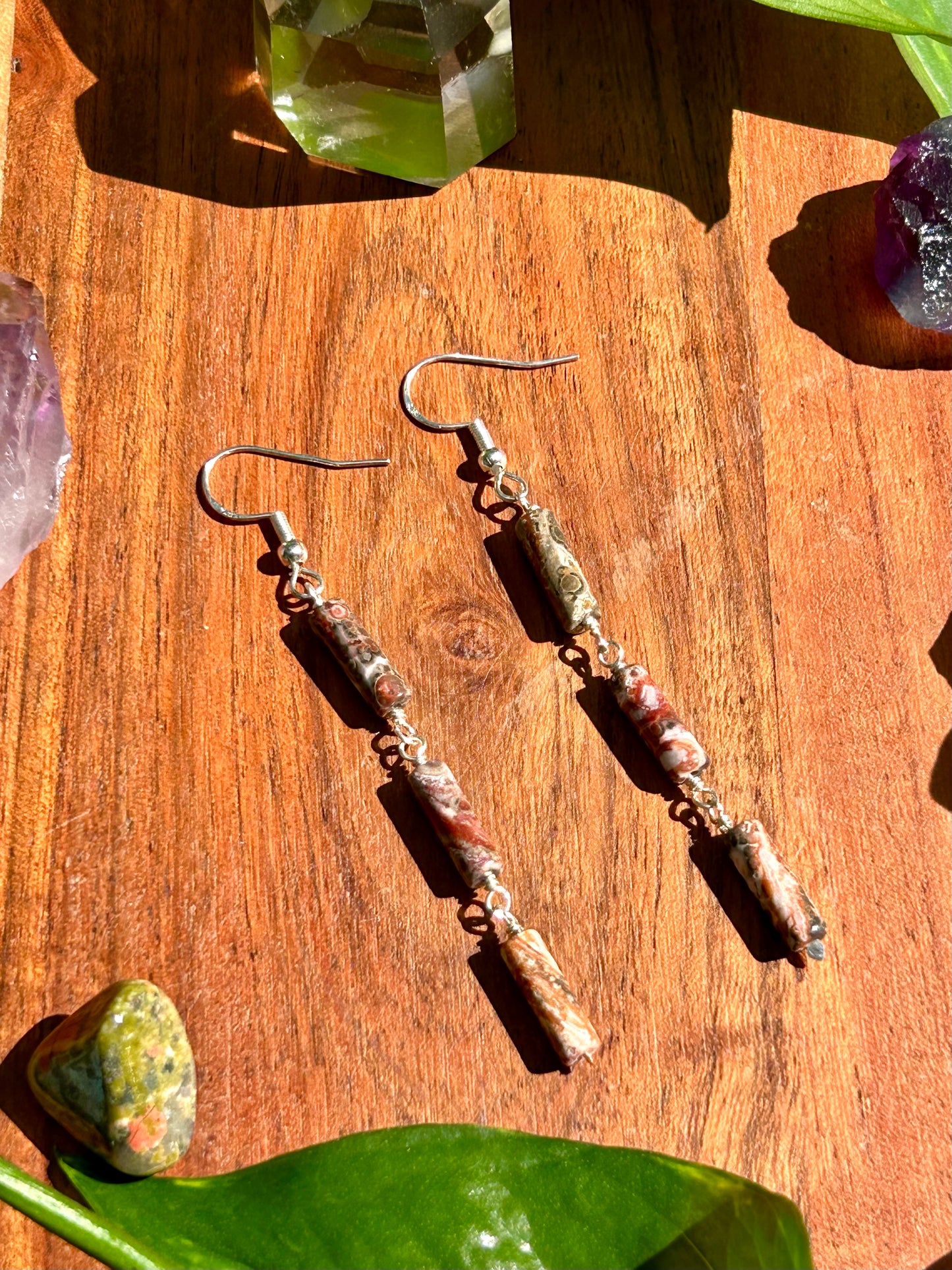 Leopard Skin Jasper Gemstone Tube Sterling Silver Dangly Earrings