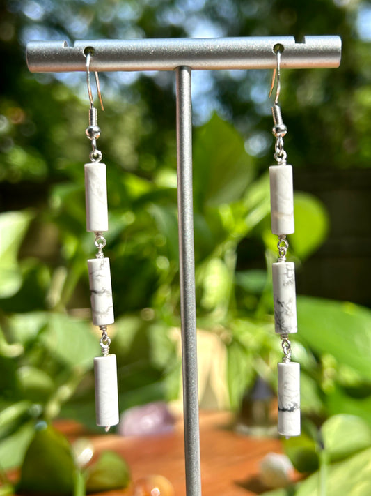 White Howlite Gemstone Tube Sterling Silver Dangly Earrings