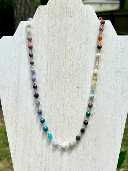 Rainbow Mixed Gemstone Sterling Silver Chain Link Necklace