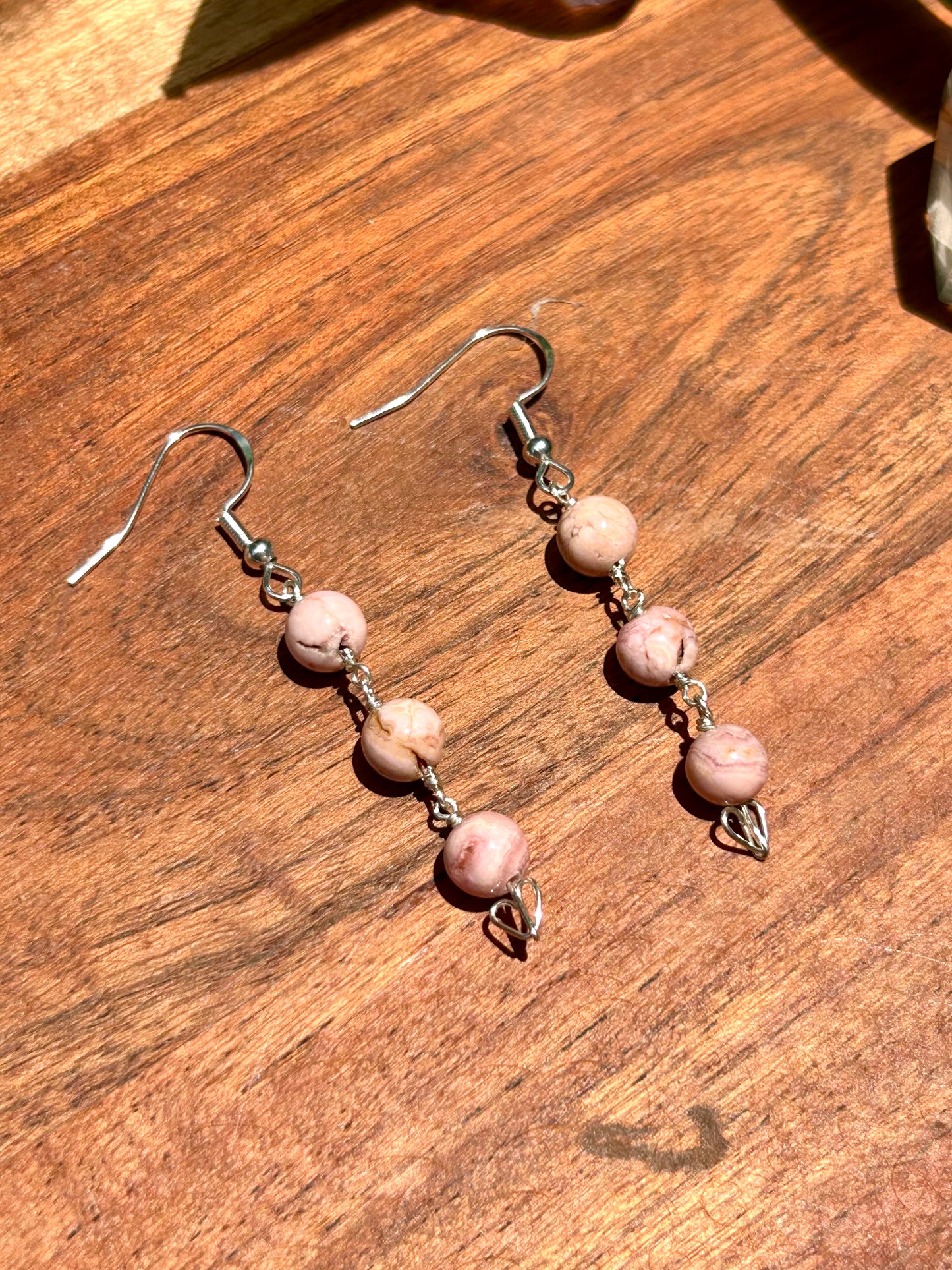 Rhodochrosite Hearts Gemstone Sterling Silver Dangly Earrings