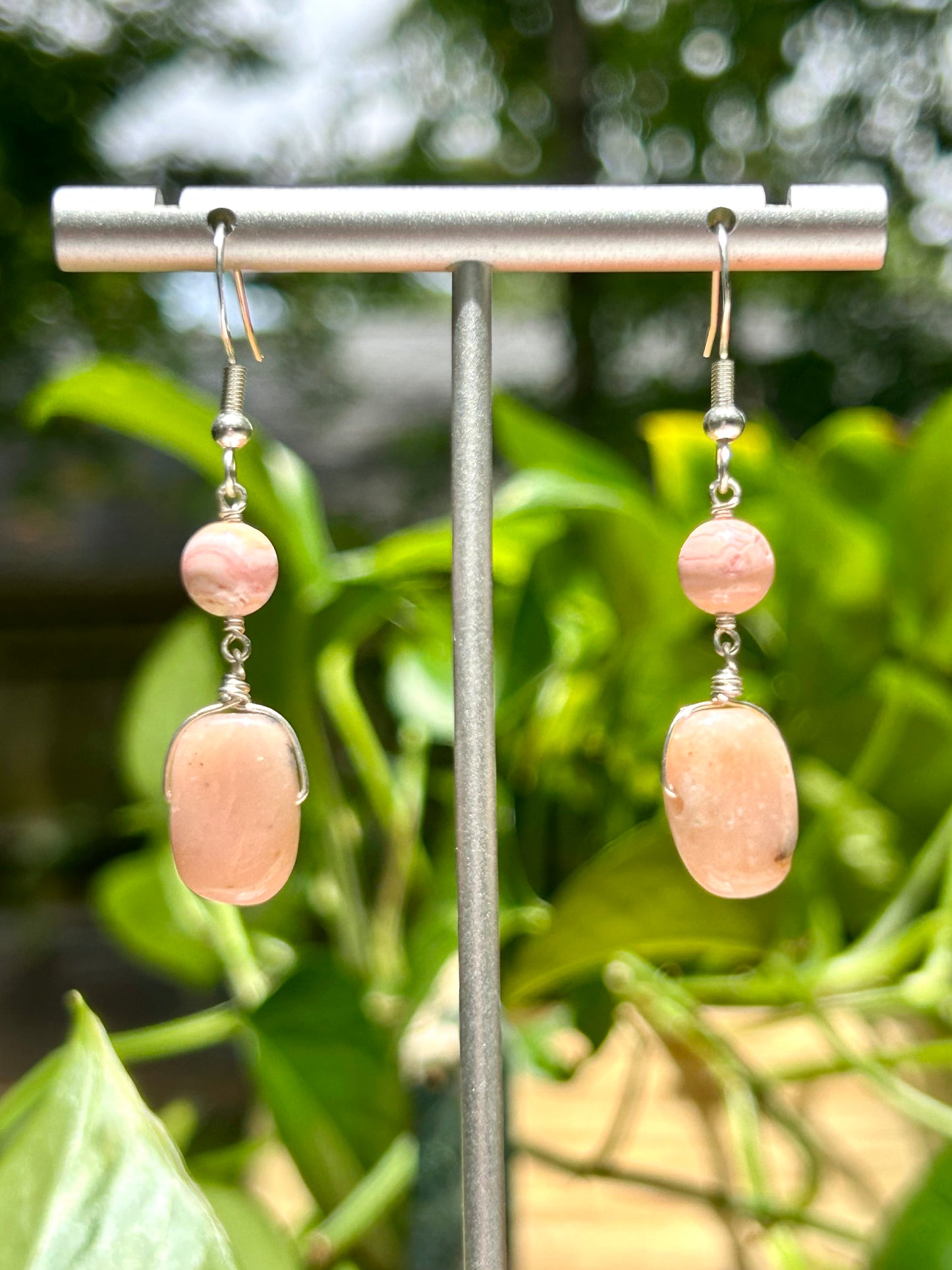 Pink Opal & Rhodochrosite Gemstone Sterling Silver Dangly Earrings