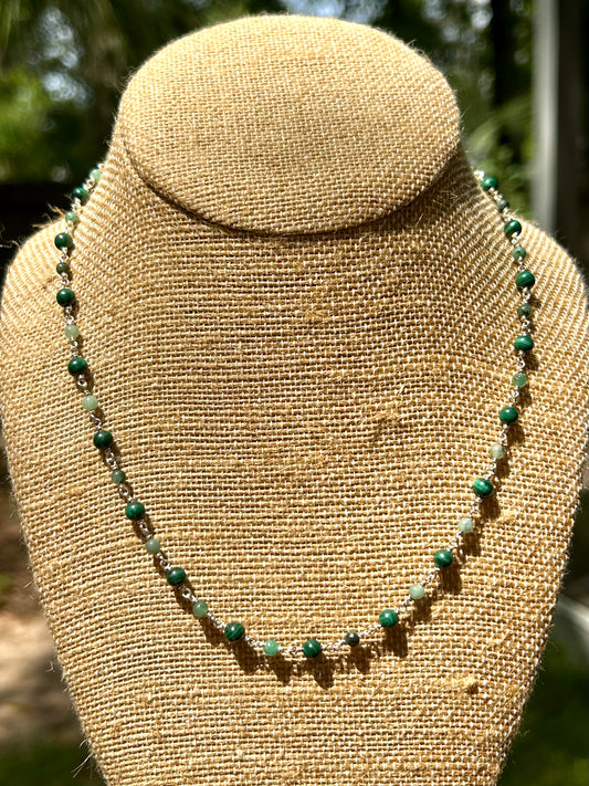 Malachite & Emerald Sterling Silver Chain Link Necklace