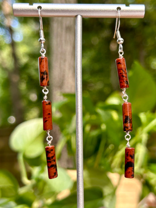 Mahogany Obsidian Gemstone Tube Sterling Silver Dangly Earrings