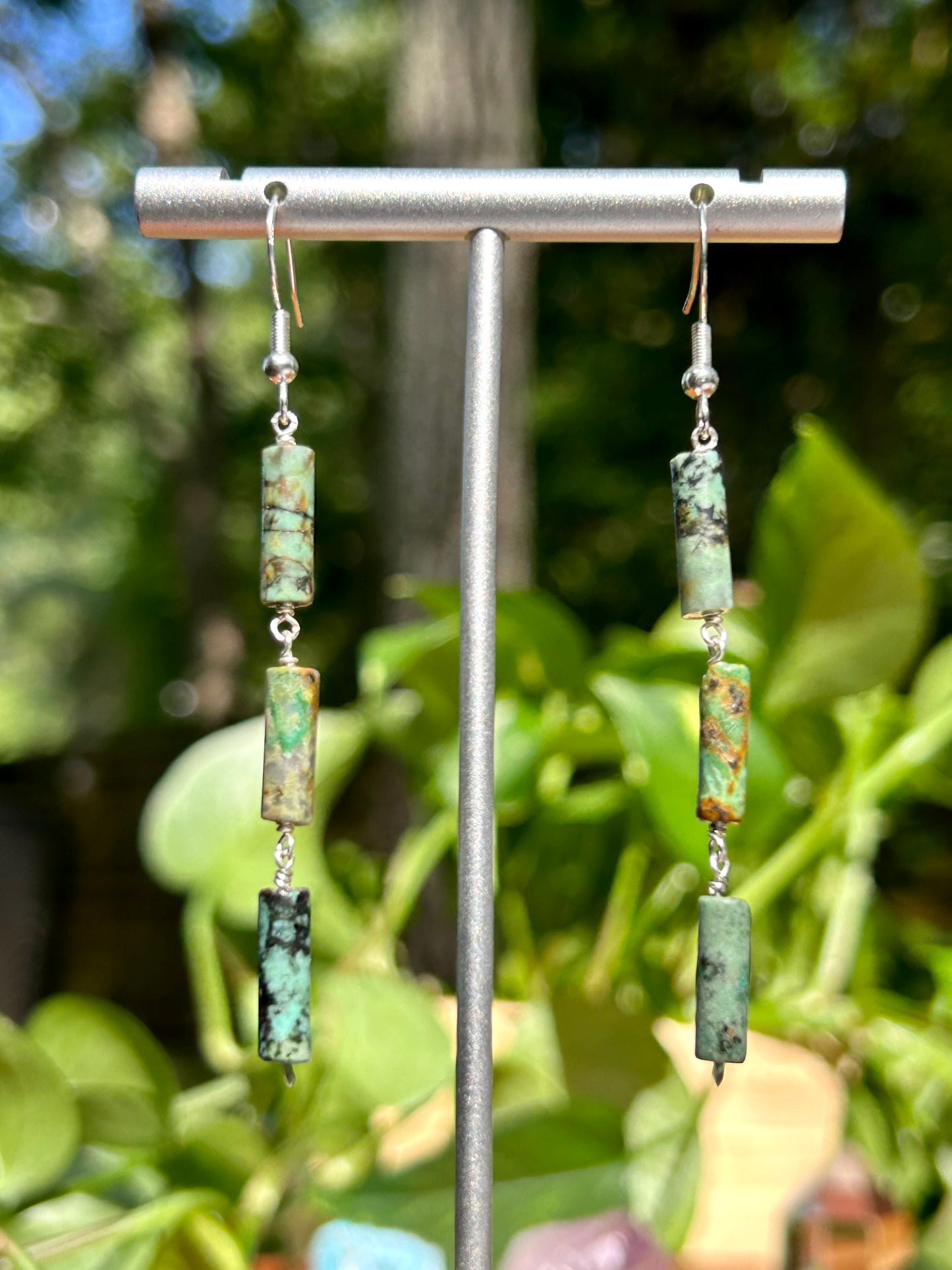 African Turquoise Gemstone Tube Sterling Silver Dangly Earrings