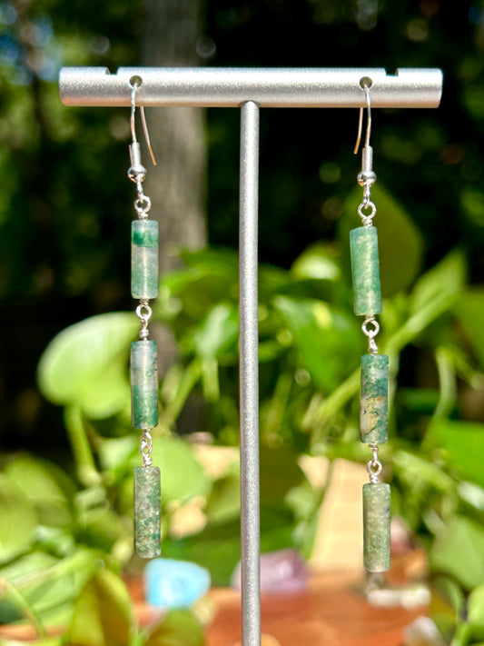 Moss Agate Gemstone Tube Sterling Silver Dangly Earrings