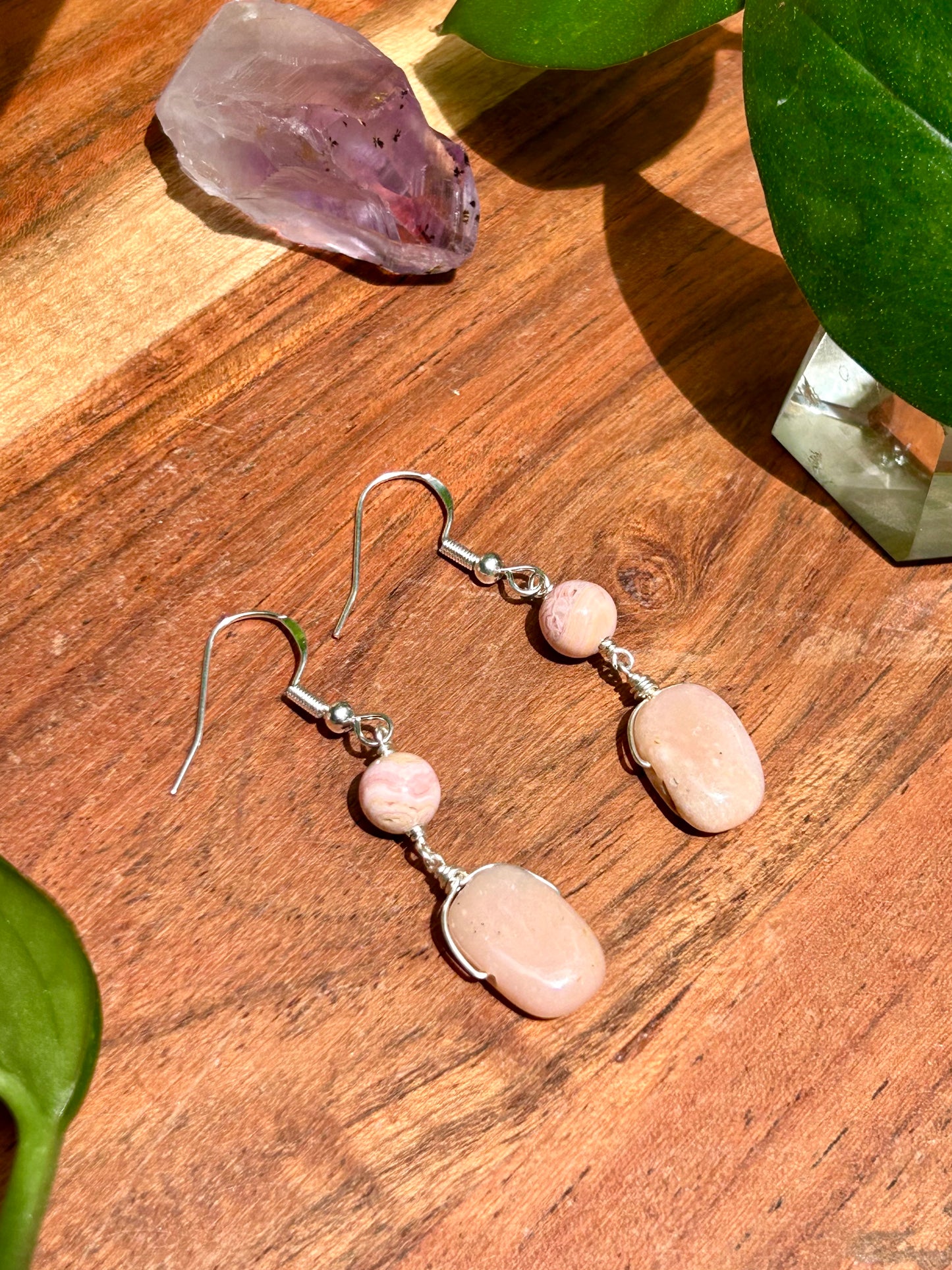 Pink Opal & Rhodochrosite Gemstone Sterling Silver Dangly Earrings