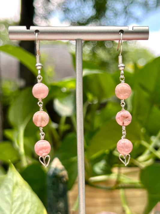 Rhodochrosite Hearts Gemstone Sterling Silver Dangly Earrings