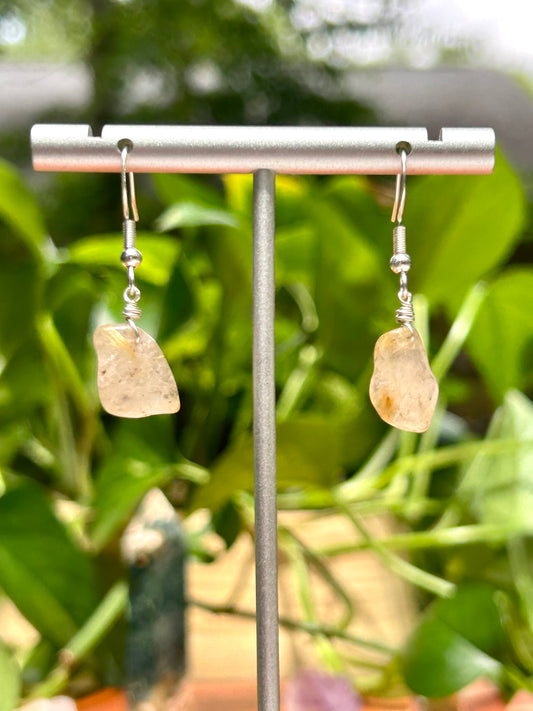 Gold Rutilated Quartz Gemstone Sterling Silver Dangly Earrings