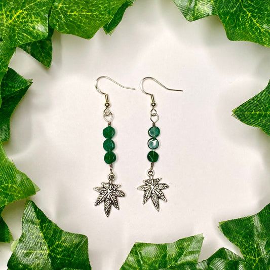 Green Onyx Gemstones with Hemp Leaf Charms Dangly Earrings