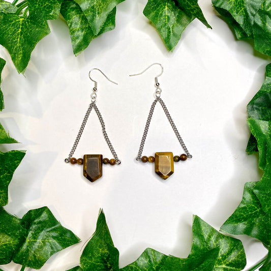 Tiger Eye Gemstones with Stainless Steel Chain Dangly Earrings.