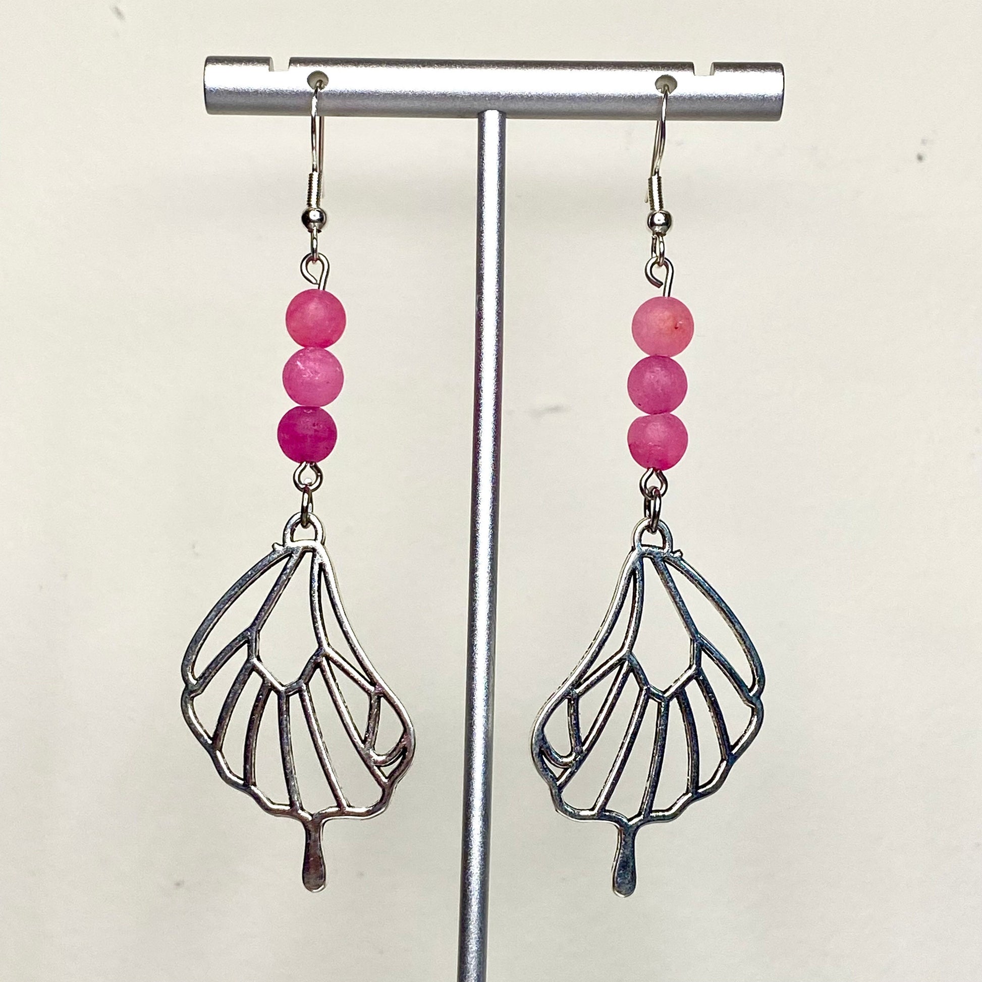 Fairy/Butterfly Wing Charm & Pink Jade Dangly Earrings.